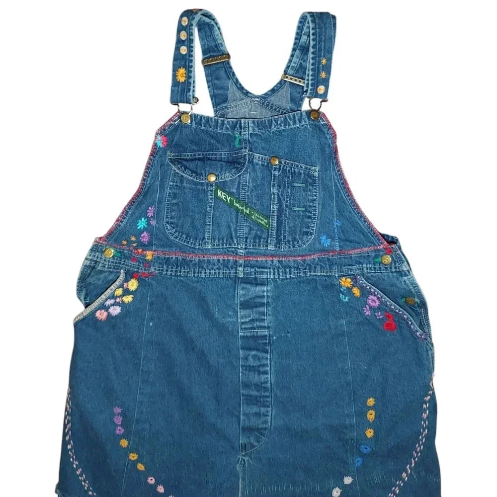Boho Hippie Vintage Key Denim Floral Embroidered Crochet Over-Alls Maxi Dress - Picture 3 of 11